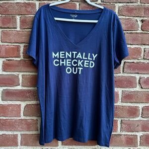 Torrid V Neck Graphic Tee Mentally Checked Out Classic Fit Navy 1X NWOT
